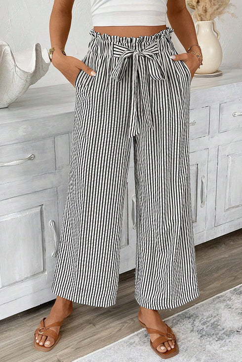 Striped High Waist Tie Front Wide Leg Pants