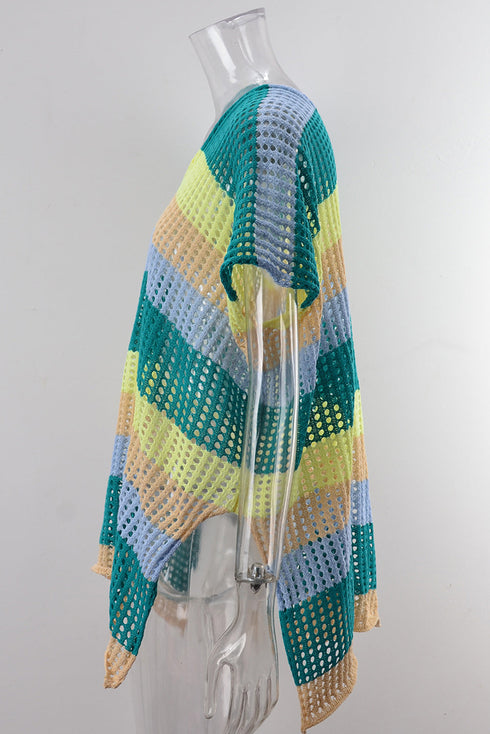 Striped Hollow Out Knit V Neck Tunic Cover Up