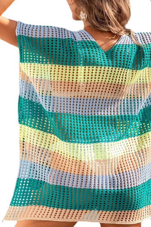 Striped Hollow Out Knit V Neck Tunic Cover Up