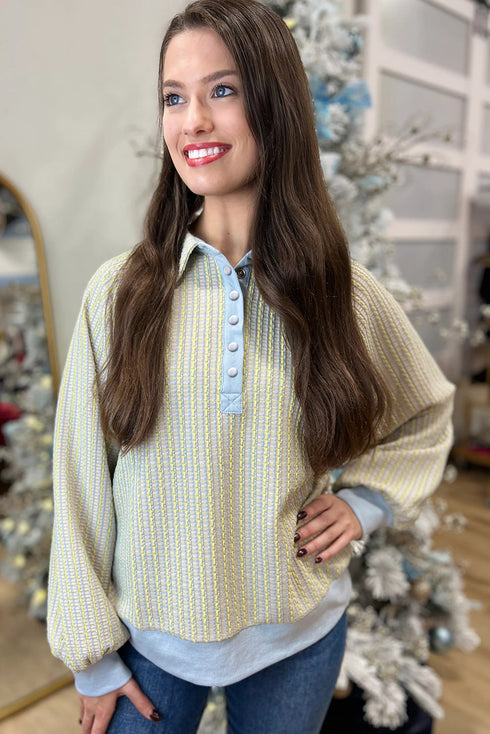 Striped Jacquard Button Front Henley Pullover Sweatshirt