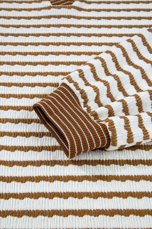 Striped Johnny Collar Pullover Drawstring Wide Leg Pant Set