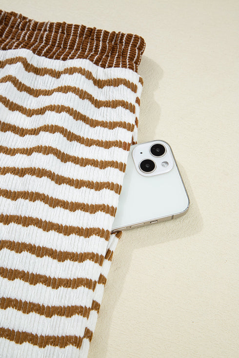 Striped Johnny Collar Pullover Drawstring Wide Leg Pant Set