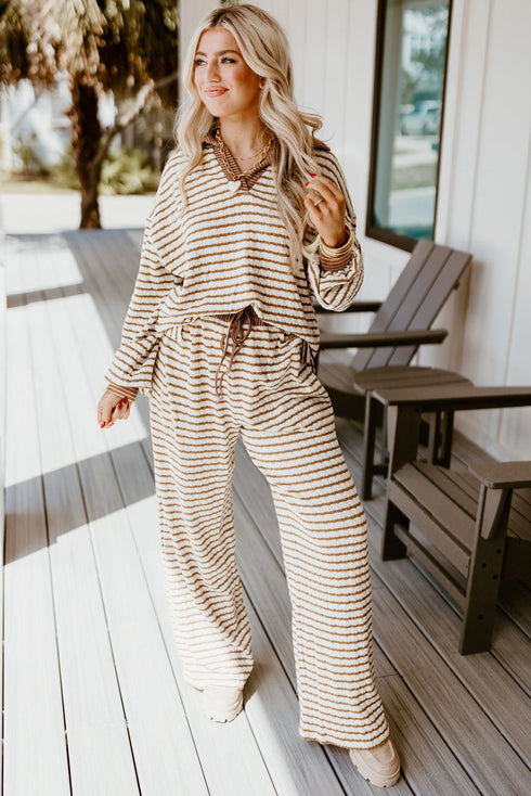 Striped Johnny Collar Pullover Drawstring Wide Leg Pant Set