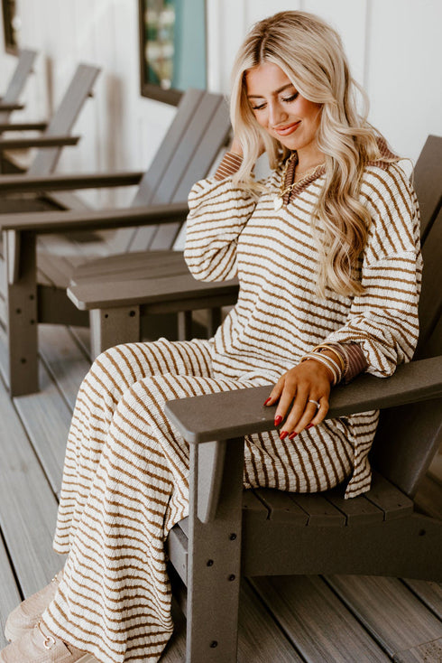 Striped Johnny Collar Pullover Drawstring Wide Leg Pant Set