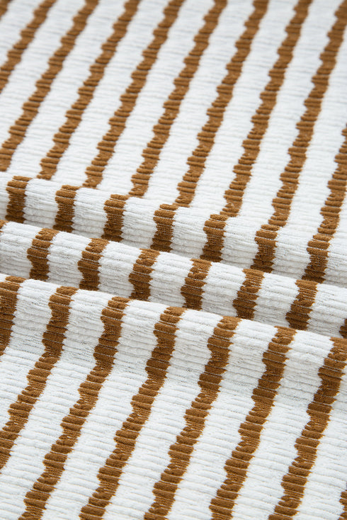 Striped Johnny Collar Pullover Drawstring Wide Leg Pant Set