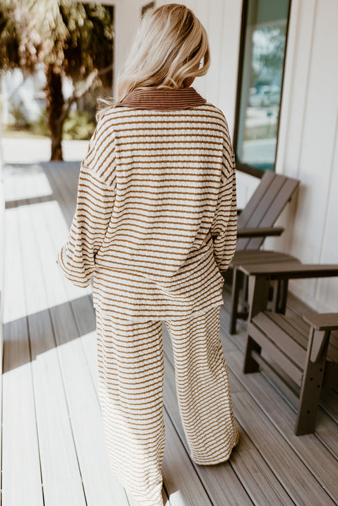 Striped Johnny Collar Pullover Drawstring Wide Leg Pant Set