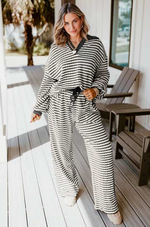 Striped Johnny Collar Pullover Drawstring Wide Leg Pant Set