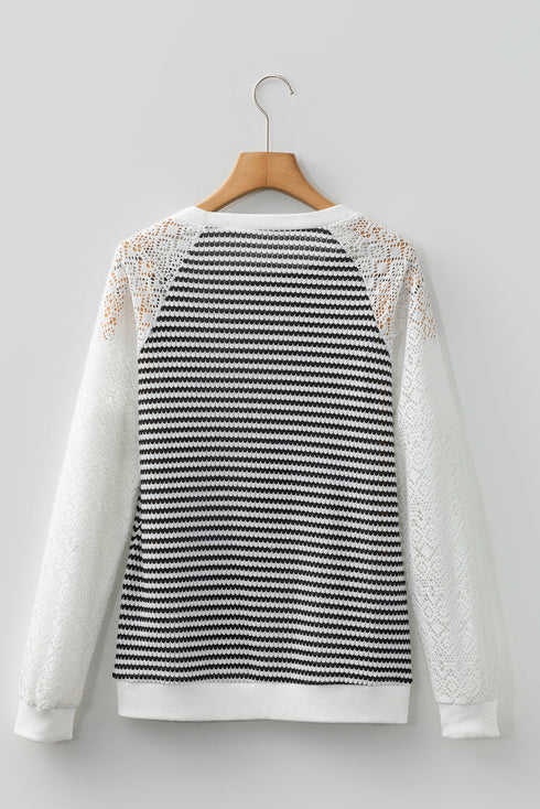 Striped Knit And Lace Raglan Sleeve Top
