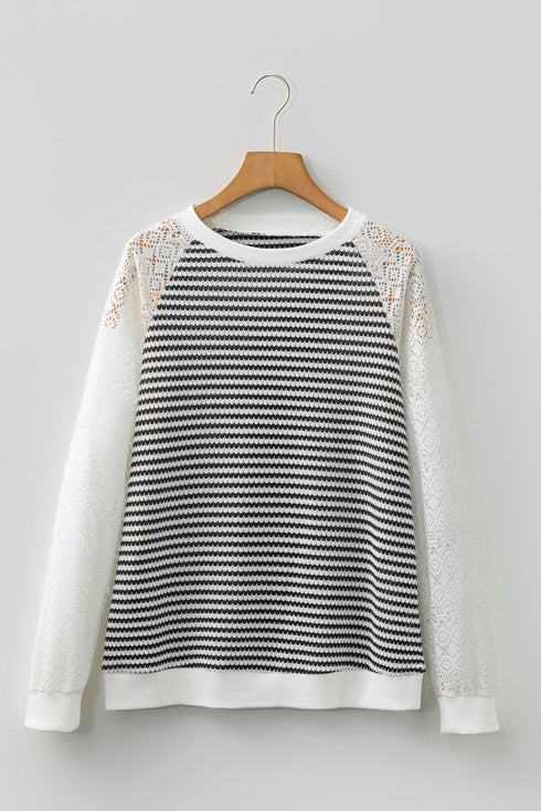 Striped Knit And Lace Raglan Sleeve Top