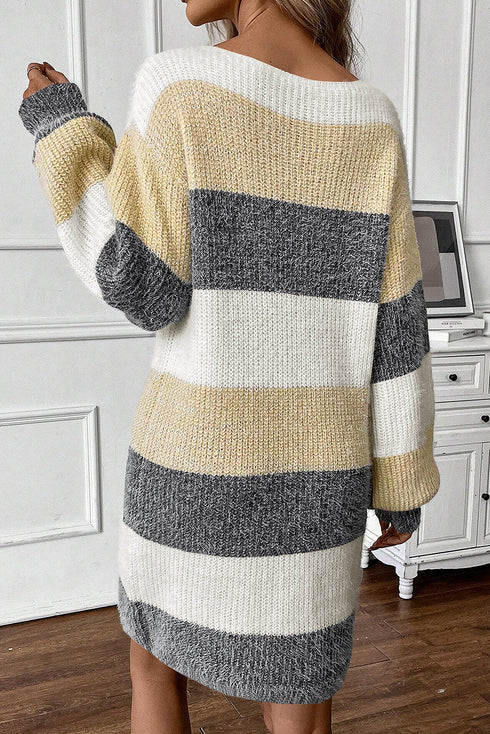 Striped Knit Boat Neck Balloon Sleeve Sweater Dress