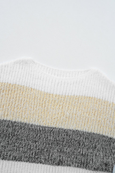 Striped Knit Boat Neck Balloon Sleeve Sweater Dress