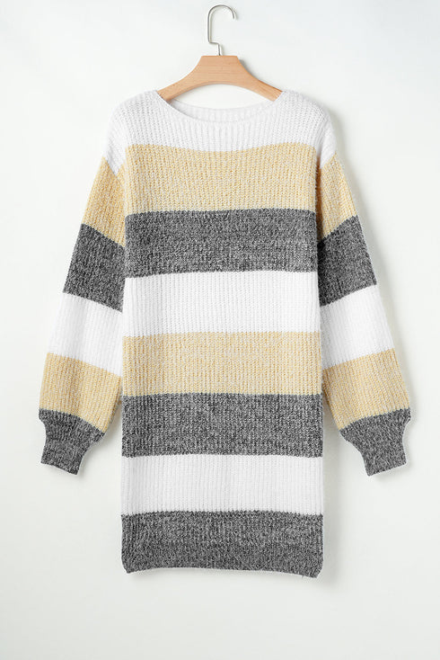 Striped Knit Boat Neck Balloon Sleeve Sweater Dress