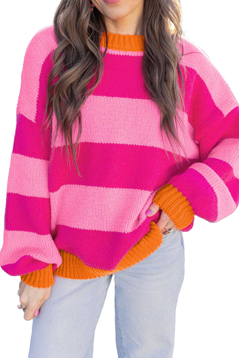 Striped Knit Drop Shoulder Relaxed Fit Sweater