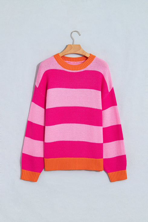 Striped Knit Drop Shoulder Relaxed Fit Sweater