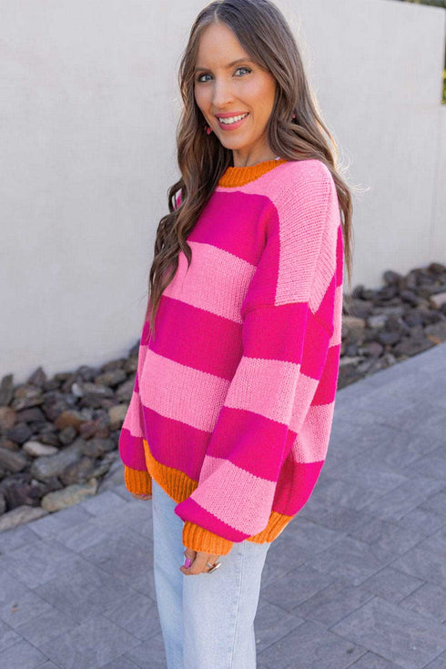 Striped Knit Drop Shoulder Relaxed Fit Sweater