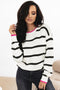 Striped Knit Relaxed Fit Detailed Trim Sweater