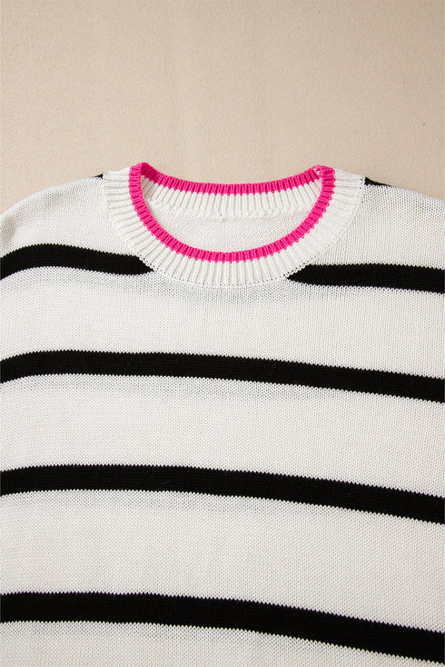 Striped Knit Relaxed Fit Detailed Trim Sweater
