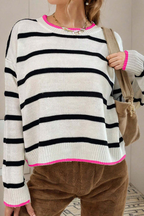 Striped Knit Relaxed Fit Detailed Trim Sweater