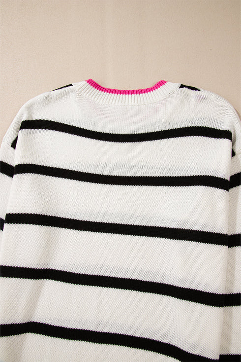 Striped Knit Relaxed Fit Detailed Trim Sweater