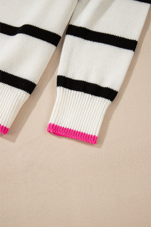 Striped Knit Relaxed Fit Detailed Trim Sweater