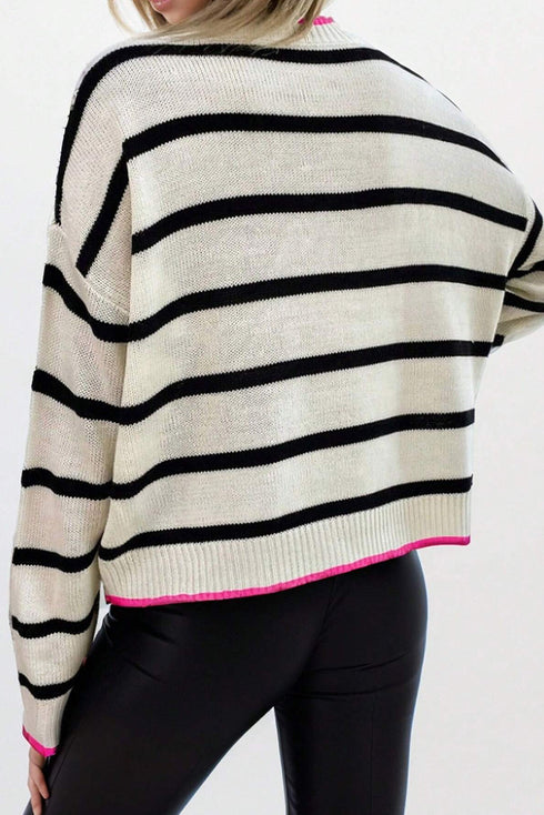 Striped Knit Relaxed Fit Detailed Trim Sweater
