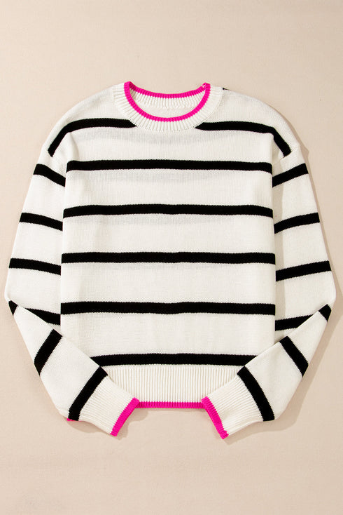 Striped Knit Relaxed Fit Detailed Trim Sweater