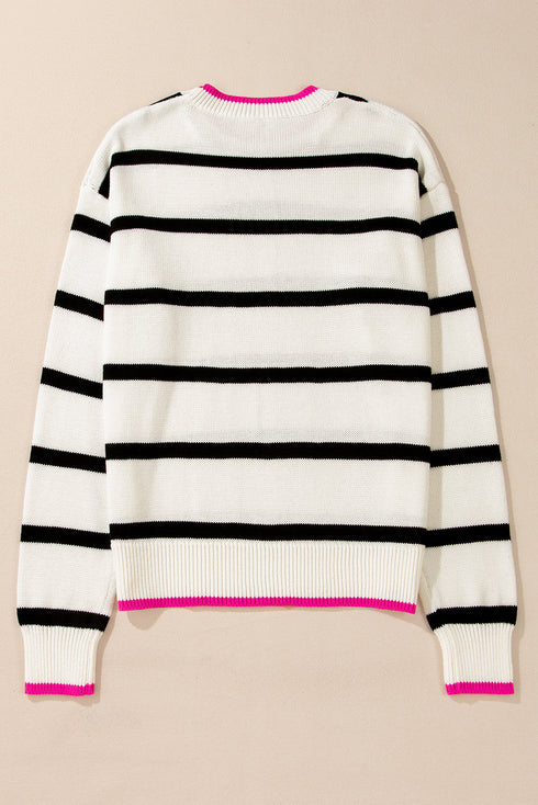 Striped Knit Relaxed Fit Detailed Trim Sweater