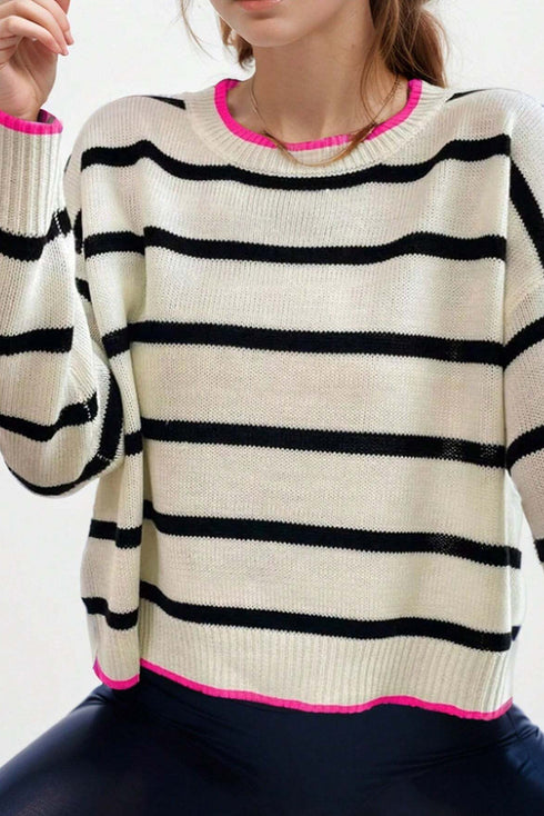 Striped Knit Relaxed Fit Detailed Trim Sweater