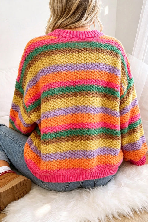 Striped Knit Round Neck Puff Sleeve Sweater