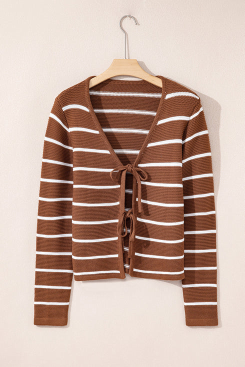 Striped Knit Tie Front Long Sleeve Cardigan