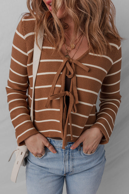 Striped Knit Tie Front Long Sleeve Cardigan