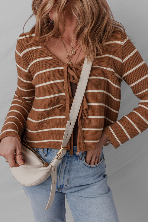 Striped Knit Tie Front Long Sleeve Cardigan
