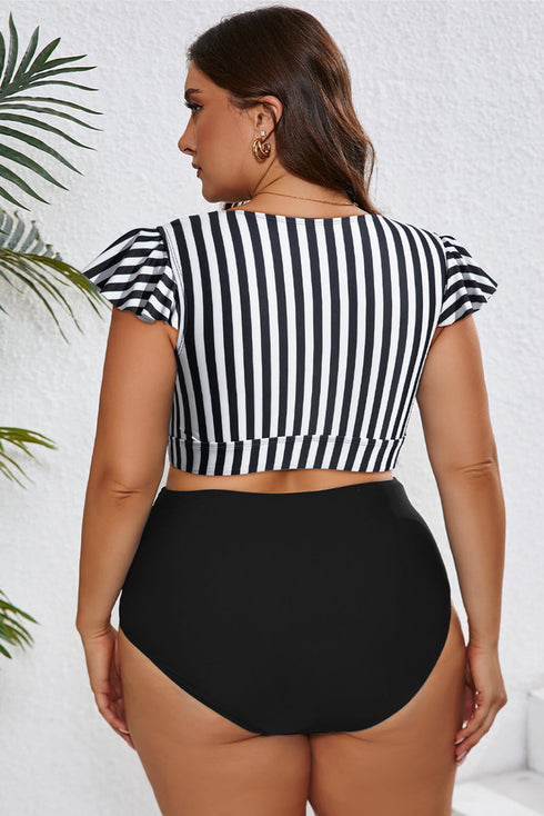 Striped Knot Cutout Ruffle Sleeve High Waisted Swimsuit