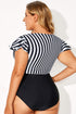 Striped Knot Cutout Ruffle Sleeve High Waisted Swimsuit