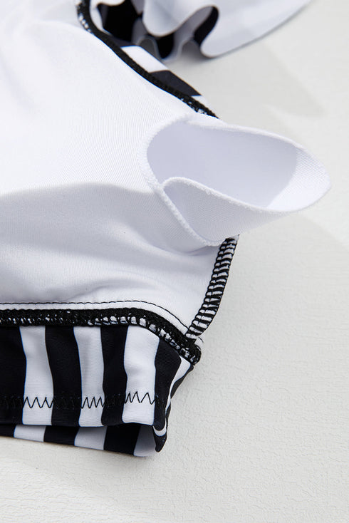 Striped Knot Cutout Ruffle Sleeve High Waisted Swimsuit