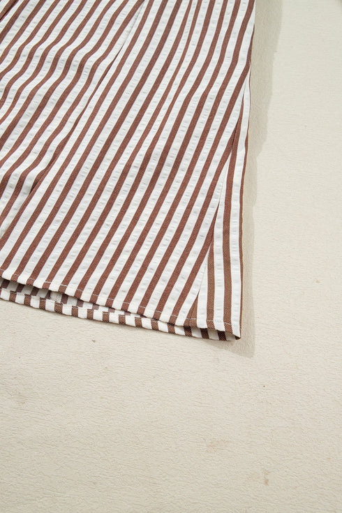 Striped Knot Waist Puff Sleeve Button Down Mini Dress