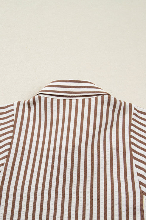 Striped Knot Waist Puff Sleeve Button Down Mini Dress