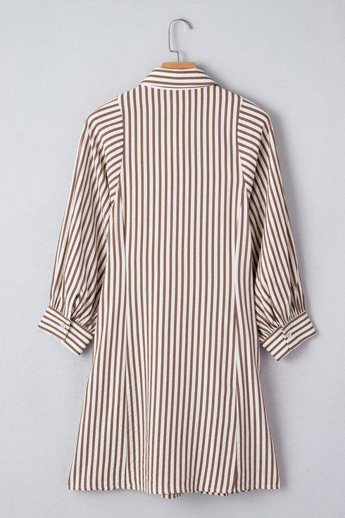 Striped Knot Waist Puff Sleeve Button Down Mini Dress