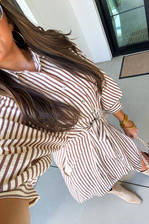 Striped Knot Waist Puff Sleeve Button Down Mini Dress