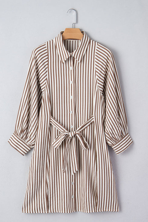 Striped Knot Waist Puff Sleeve Button Down Mini Dress
