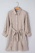 Striped Knot Waist Puff Sleeve Button Down Mini Dress