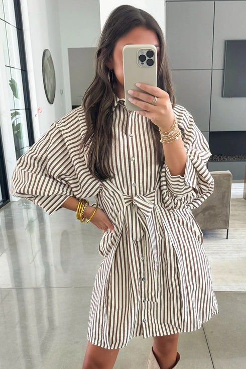 Striped Knot Waist Puff Sleeve Button Down Mini Dress