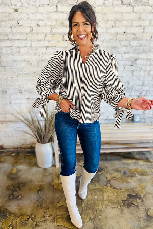 Striped Knotted Cuff V Neck Long Sleeve Blouse