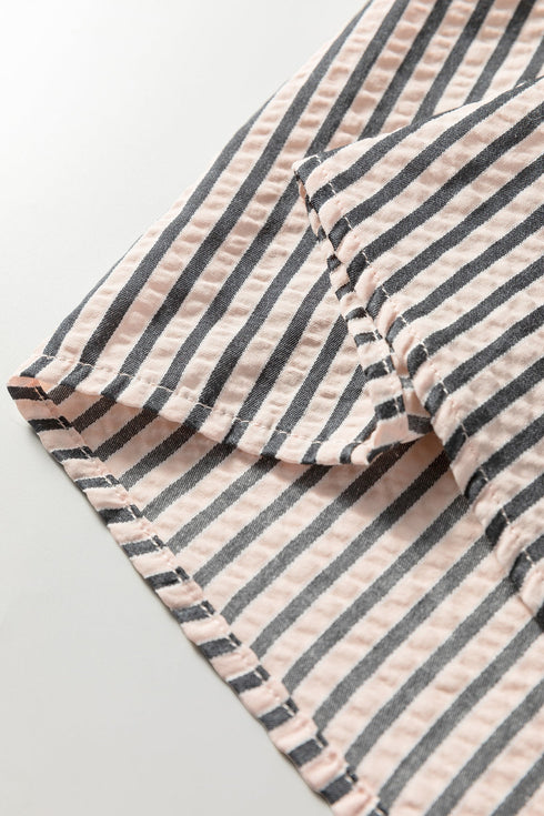 Striped Knotted Cuff V Neck Long Sleeve Blouse