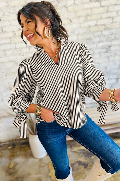 Striped Knotted Cuff V Neck Long Sleeve Blouse