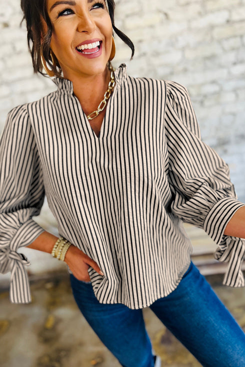 Striped Knotted Cuff V Neck Long Sleeve Blouse