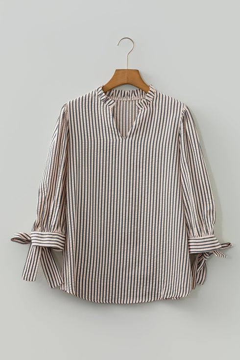 Striped Knotted Cuff V Neck Long Sleeve Blouse
