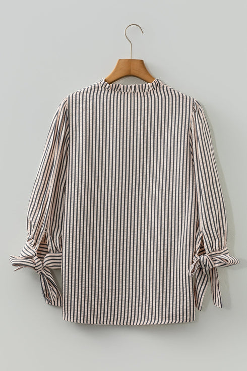 Striped Knotted Cuff V Neck Long Sleeve Blouse