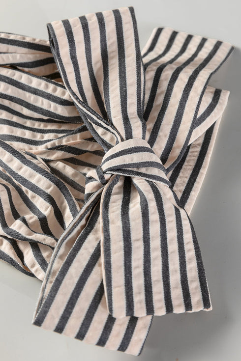 Striped Knotted Cuff V Neck Long Sleeve Blouse