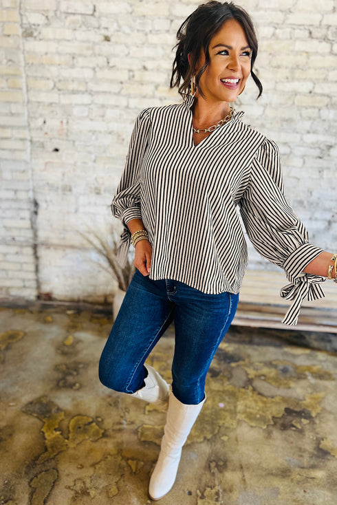 Striped Knotted Cuff V Neck Long Sleeve Blouse